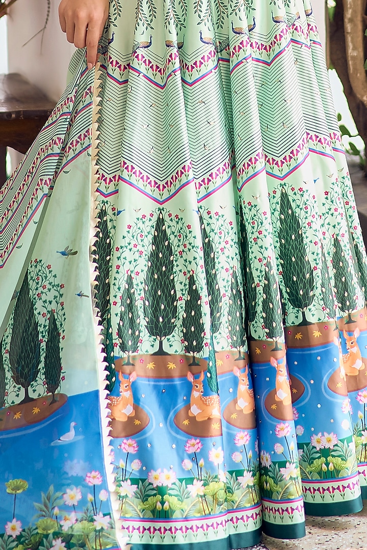 Green Himalayan Silk & Georgette Bead Embroidered Wedding Lehenga Set by Limerick By Abirr N' Nanki at Pernia's Pop Up Shop