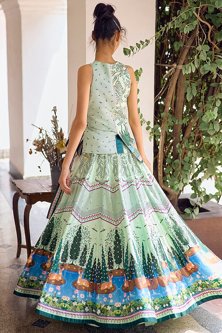 Green Himalayan Silk & Georgette Embroidered Asymmetrical Jacket Set by Limerick By Abirr N' Nanki at Pernia's Pop Up Shop