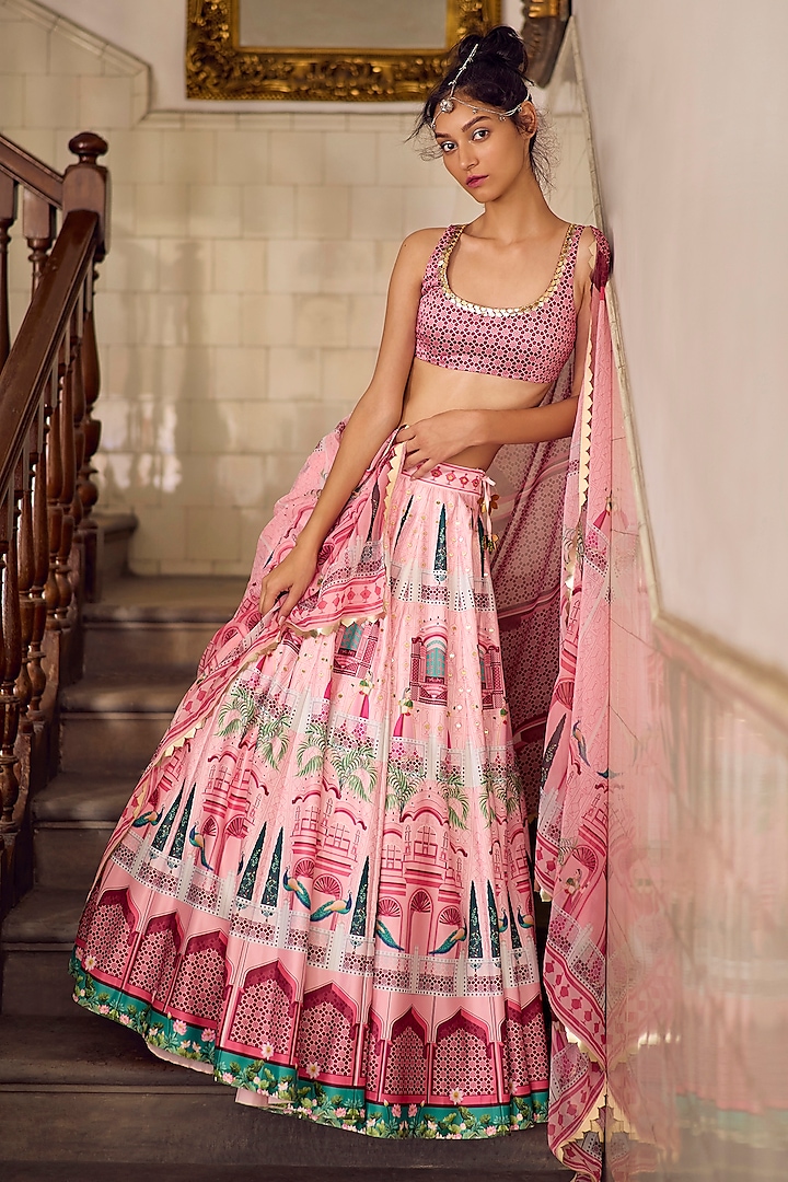 Pink Georgette & Himalayan Silk Embellished Lehenga Set by Limerick By Abirr N' Nanki