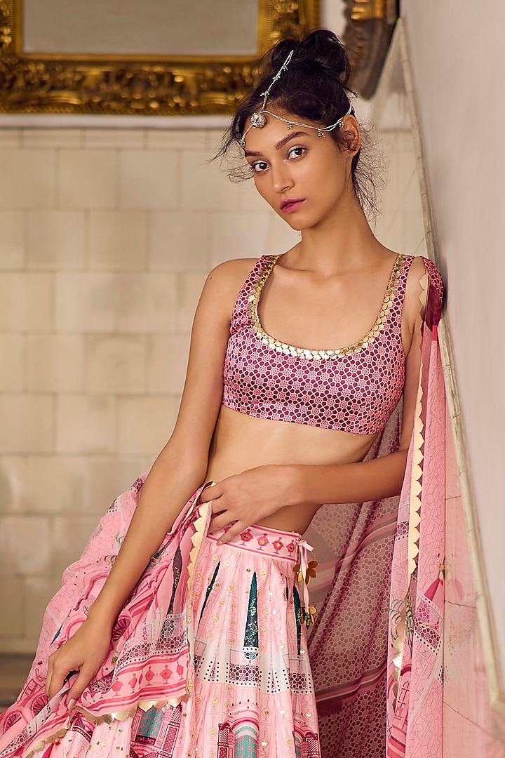 Pink Georgette & Himalayan Silk Embellished Wedding Lehenga Set by Limerick By Abirr N' Nanki at Pernia's Pop Up Shop