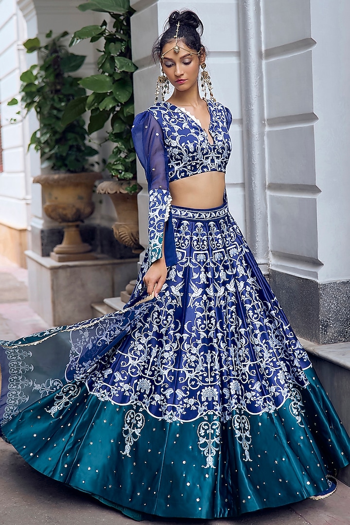 Emerald Green & Navy Blue Georgette Embellished Lehenga Set by Limerick By Abirr N' Nanki