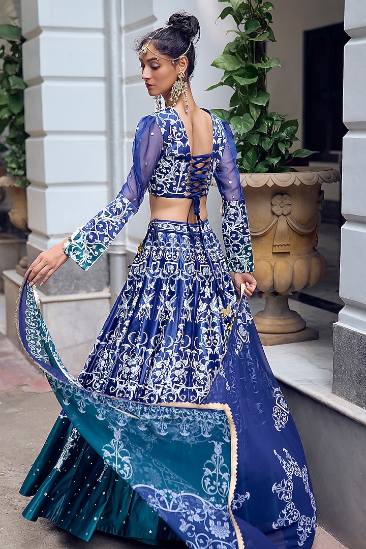 Emerald Green & Navy Blue Georgette Embellished Wedding Lehenga Set by Limerick By Abirr N' Nanki at Pernia's Pop Up Shop
