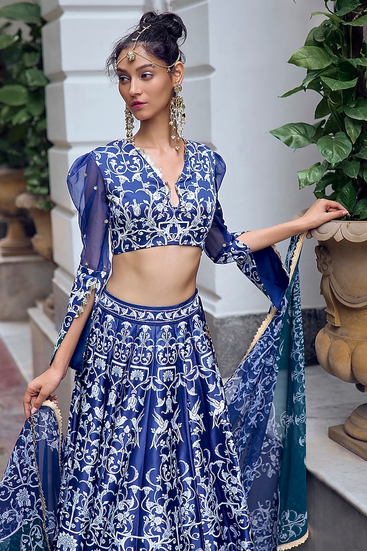 Emerald Green & Navy Blue Georgette Embellished Wedding Lehenga Set by Limerick By Abirr N' Nanki at Pernia's Pop Up Shop