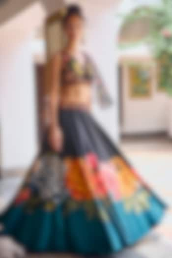 Black Himalayan Silk Floral Printed Wedding Lehenga Set by Limerick By Abirr N' Nanki at Pernia's Pop Up Shop