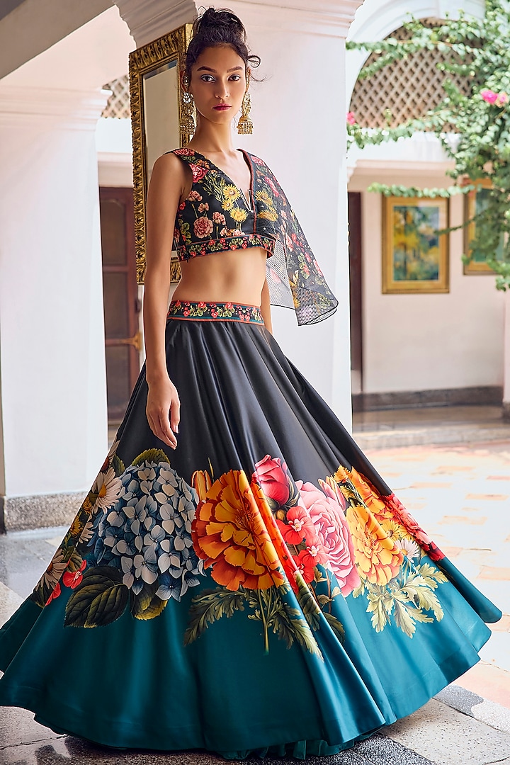 Black Himalayan Silk Floral Printed Wedding Lehenga Set by Limerick By Abirr N' Nanki at Pernia's Pop Up Shop