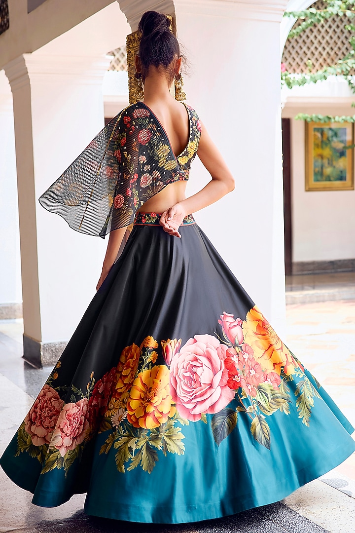 Black Himalayan Silk Floral Printed Wedding Lehenga Set by Limerick By Abirr N' Nanki at Pernia's Pop Up Shop
