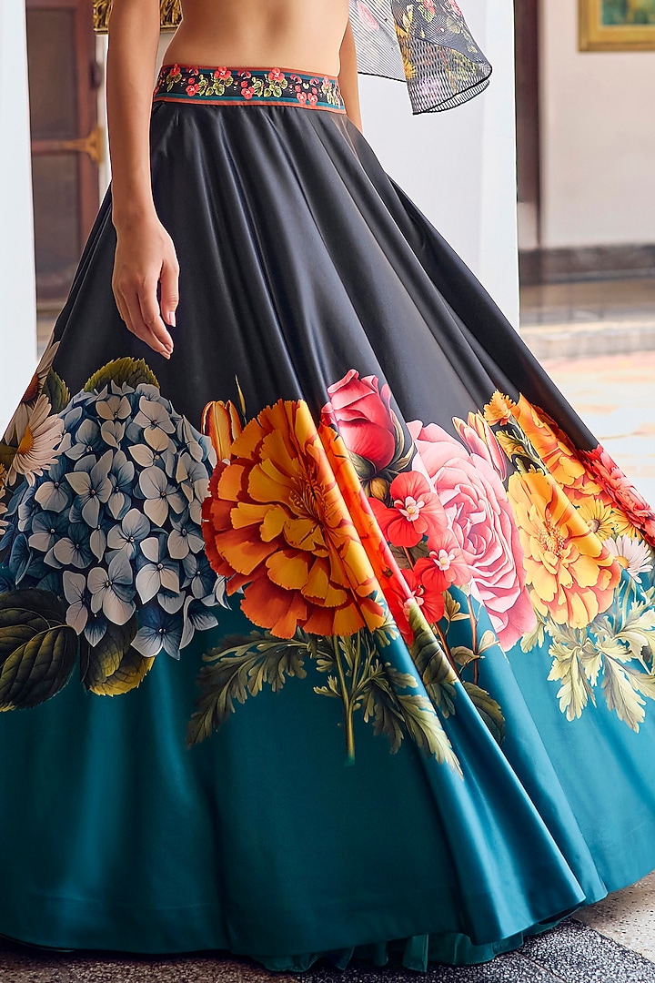 Black Himalayan Silk Floral Printed Wedding Lehenga Set by Limerick By Abirr N' Nanki at Pernia's Pop Up Shop