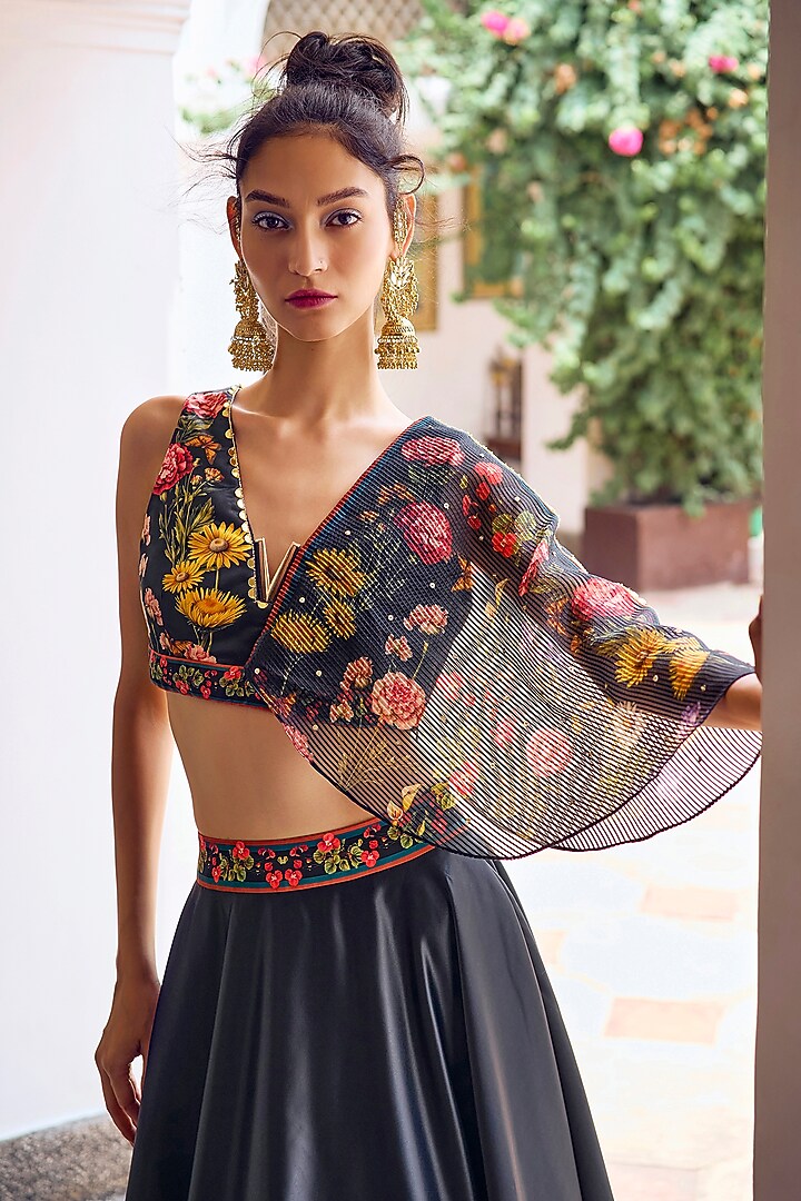 Black Himalayan Silk Floral Printed Wedding Lehenga Set by Limerick By Abirr N' Nanki at Pernia's Pop Up Shop