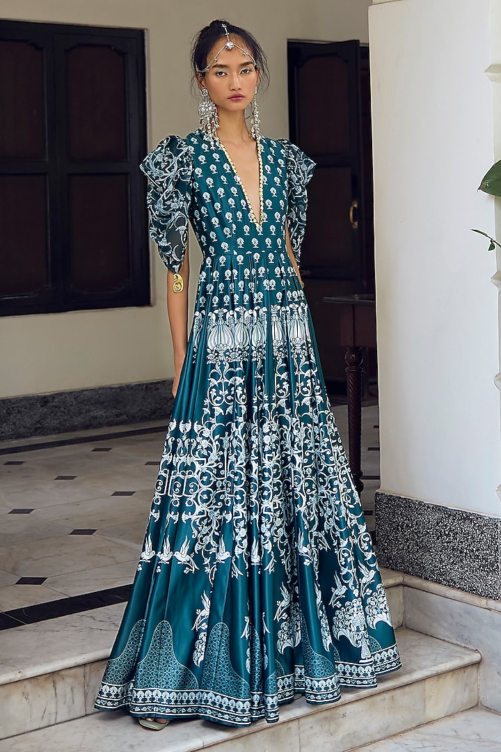 Deep Teal Habutai Silk & Georgette Embellished Gown by Limerick By Abirr N' Nanki at Pernia's Pop Up Shop