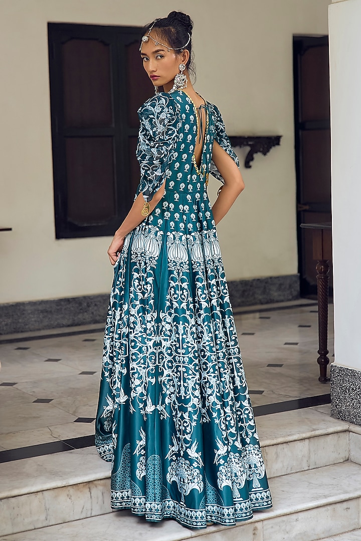 Deep Teal Habutai Silk & Georgette Embellished Party Wear Gown by Limerick By Abirr N' Nanki at Pernia's Pop Up Shop