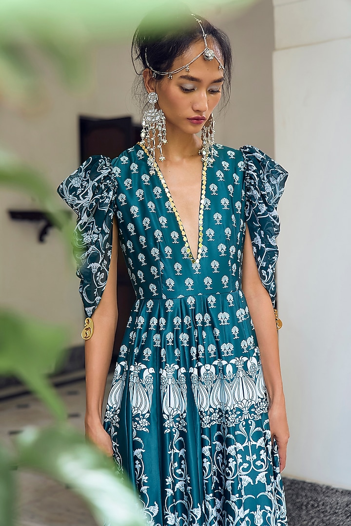 Deep Teal Habutai Silk & Georgette Embellished Party Wear Gown by Limerick By Abirr N' Nanki at Pernia's Pop Up Shop