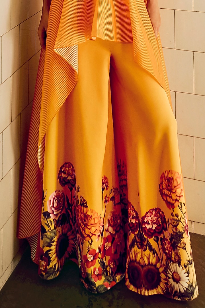 Mustard Banana Crepe & Striped Organza Embellished Co-Ord Set by Limerick By Abirr N' Nanki at Pernia's Pop Up Shop