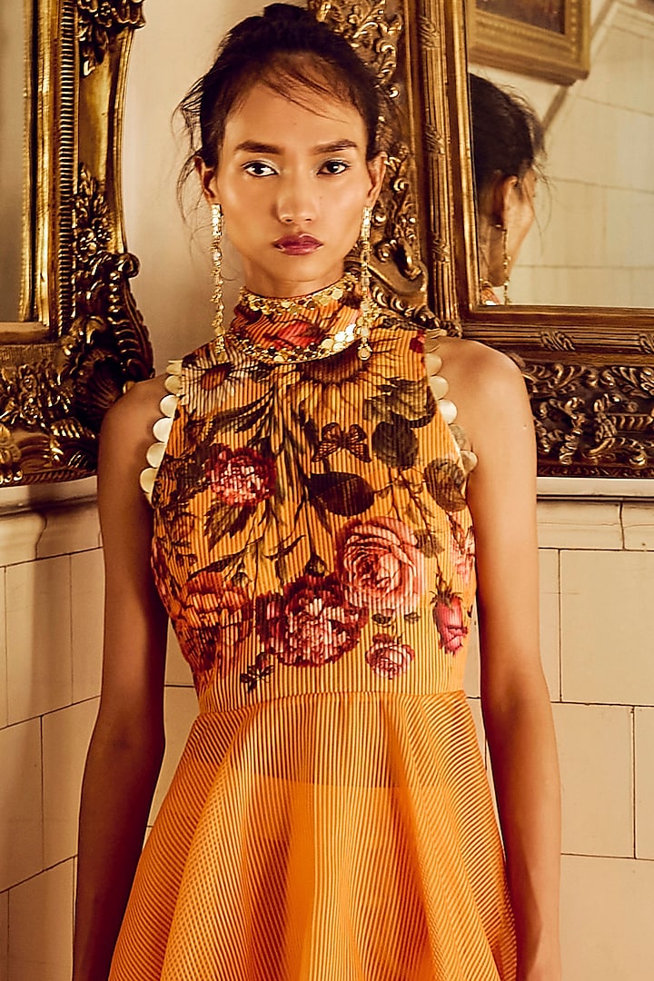 Mustard Banana Crepe & Striped Organza Embellished Co-Ord Set by Limerick By Abirr N' Nanki at Pernia's Pop Up Shop