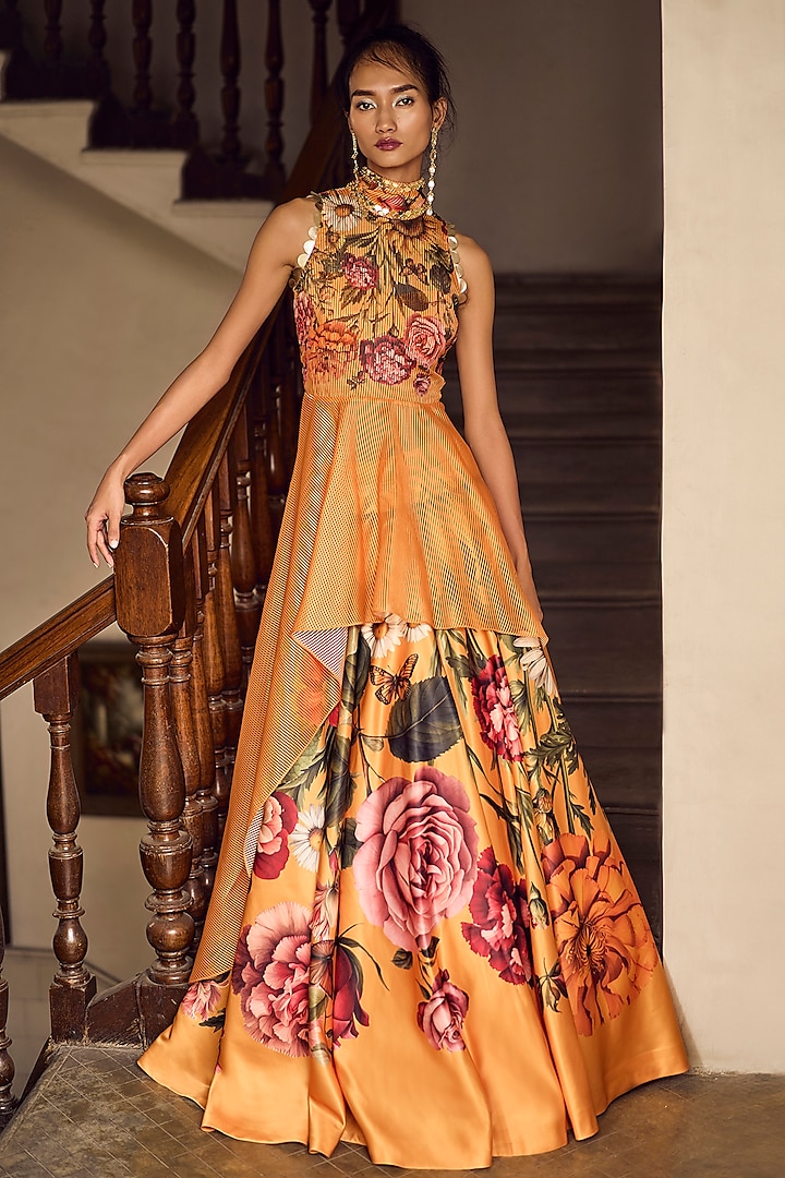 Mustard Himalayan Silk Floral Printed Wedding Lehenga Set by Limerick By Abirr N' Nanki at Pernia's Pop Up Shop