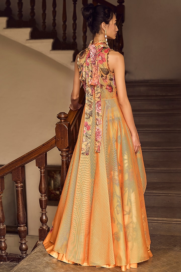 Mustard Himalayan Silk Floral Printed Wedding Lehenga Set by Limerick By Abirr N' Nanki at Pernia's Pop Up Shop