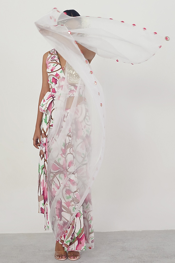 Ivory Printed Wedding Saree Set With Jacket by Limerick By Abirr N' Nanki at Pernia's Pop Up Shop