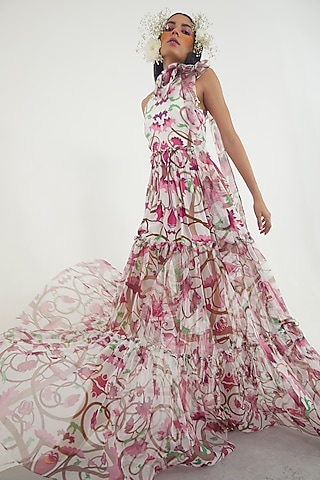 Ivory Printed Maxi Dress by Limerick By Abirr N' Nanki