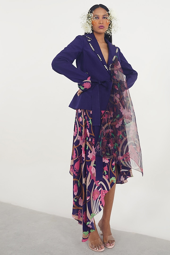 Navy Blue Embroidered Jacket With Drape by Limerick By Abirr N' Nanki