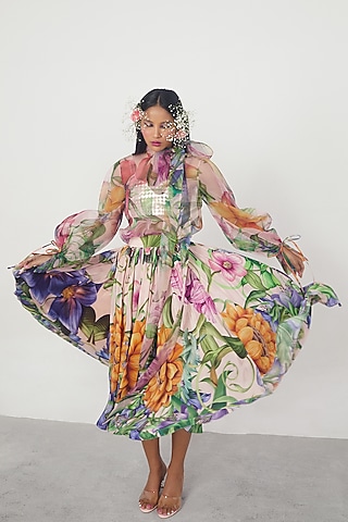 Pink Floral Printed Skirt by Limerick By Abirr N' Nanki