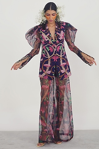 Navy Blue Printed & Embroidered Jacket by Limerick By Abirr N' Nanki