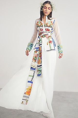 Ivory Printed & Embroidered Shirt by Limerick By Abirr N' Nanki
