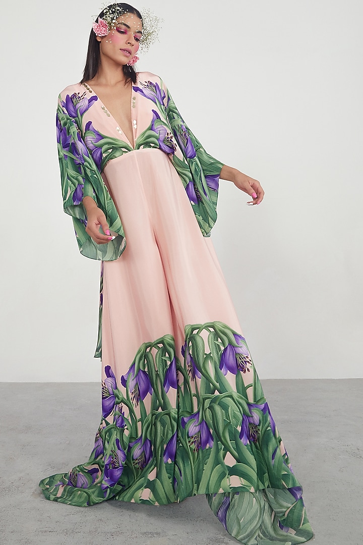 Pink Printed & Embroidered Jumpsuit by Limerick By Abirr N' Nanki