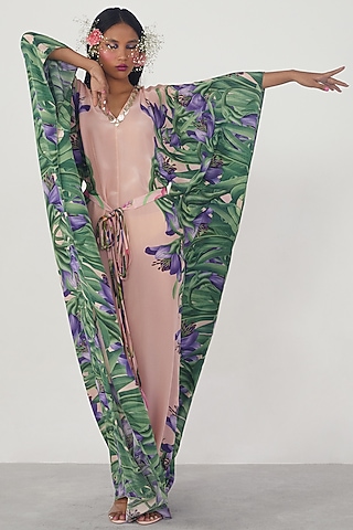 Pink Printed & Embroidered Kaftan Dress by Limerick By Abirr N' Nanki