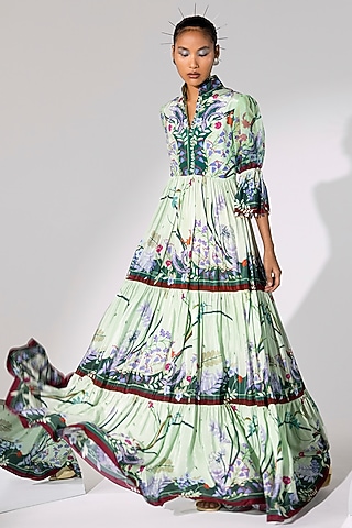 Lime Green Printed Maxi Dress by Limerick By Abirr N' Nanki