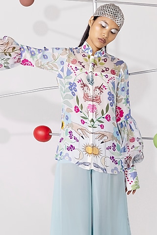 White Crepe Printed Shirt by Limerick By Abirr N' Nanki