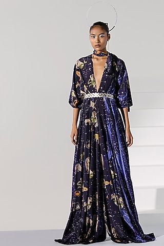 Dark Navy Blue Printed Kaftan Jumpsuit by Limerick By Abirr N' Nanki