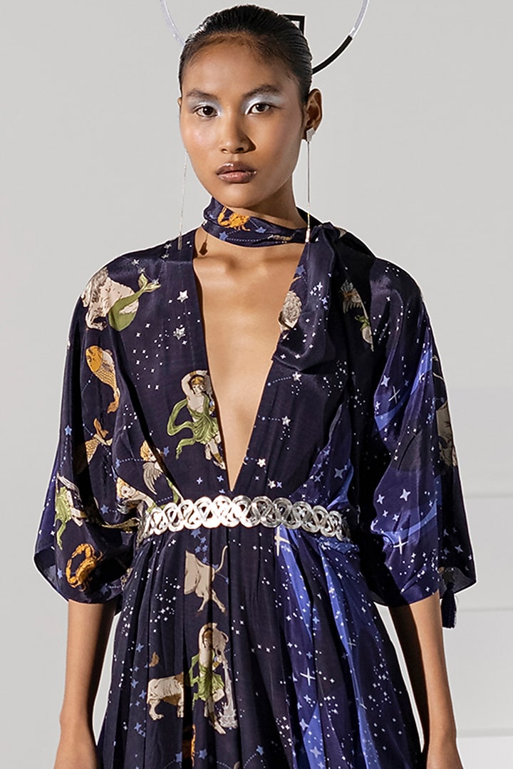 Dark Navy Blue Printed Kaftan Jumpsuit by Limerick By Abirr N' Nanki at Pernia's Pop Up Shop