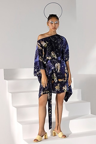 Dark Navy Blue Printed Kaftan Dress by Limerick By Abirr N' Nanki