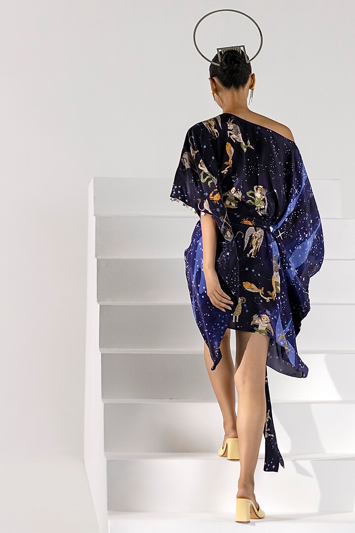 Dark Navy Blue Printed Kaftan Dress by Limerick By Abirr N' Nanki at Pernia's Pop Up Shop