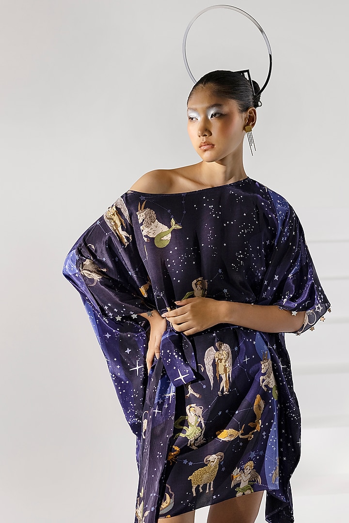 Dark Navy Blue Printed Kaftan Dress by Limerick By Abirr N' Nanki at Pernia's Pop Up Shop