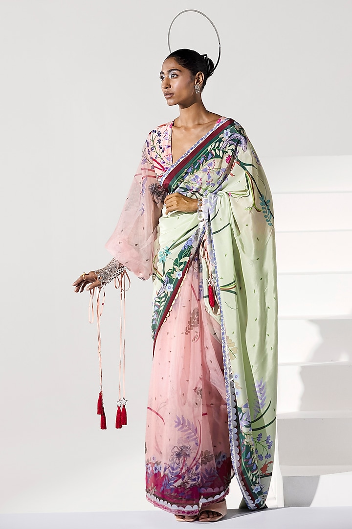 Blush Pink Hand Embroidered & Printed Saree by Limerick By Abirr N' Nanki