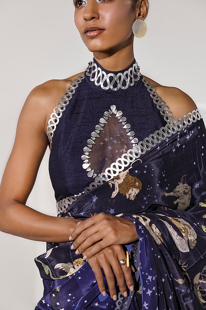 Dark Navy Blue Hand Embroidered Blouse by Limerick By Abirr N' Nanki at Pernia's Pop Up Shop