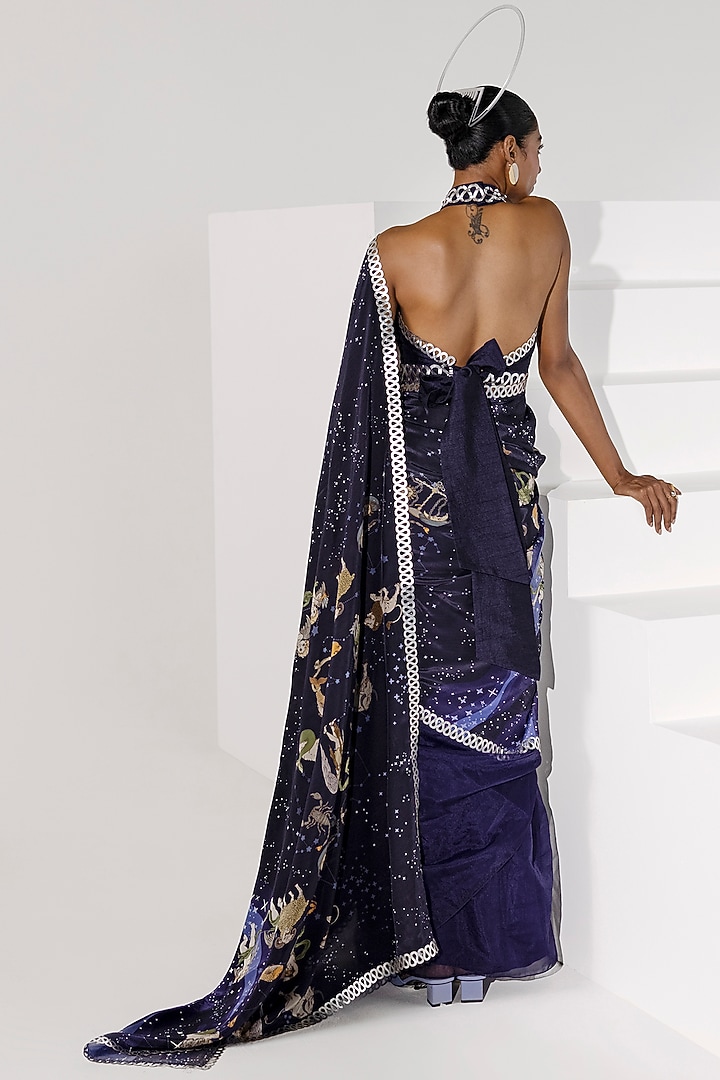Dark Navy Blue Hand Embroidery & Printed Party Wear Saree by Limerick By Abirr N' Nanki at Pernia's Pop Up Shop