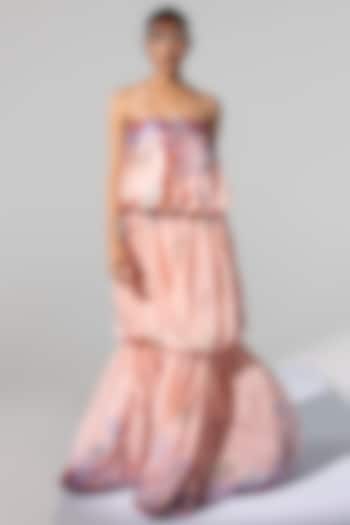 Blush Pink Printed Off-Shoulder Gown by Limerick By Abirr N' Nanki