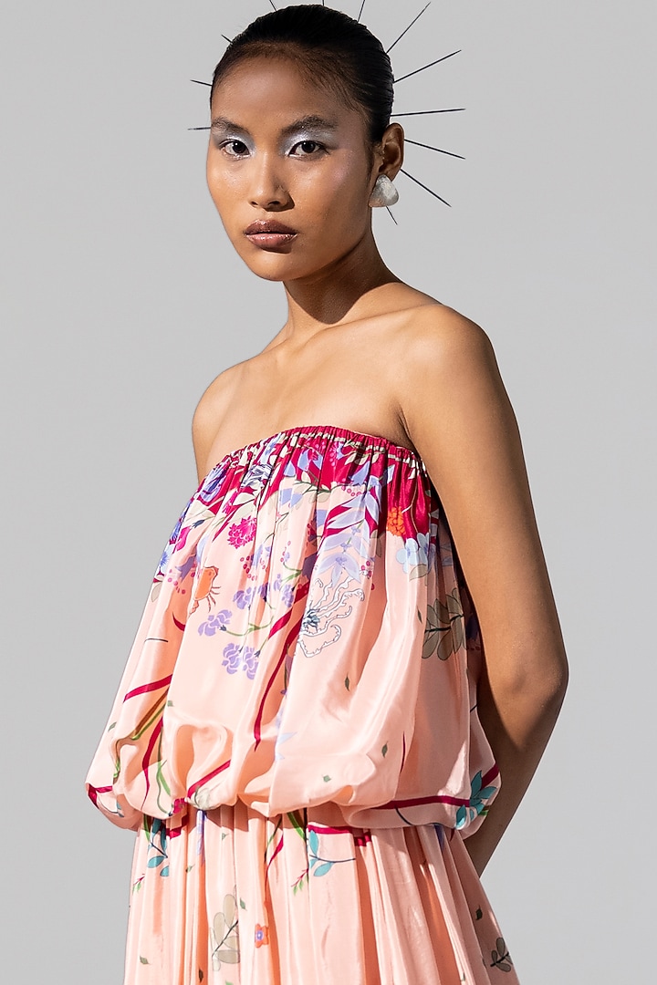 Blush Pink Printed Off-Shoulder Gown by Limerick By Abirr N' Nanki at Pernia's Pop Up Shop