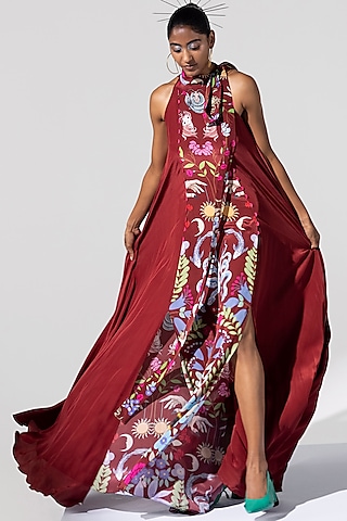 Maroon Printed Maxi Dress by Limerick By Abirr N' Nanki