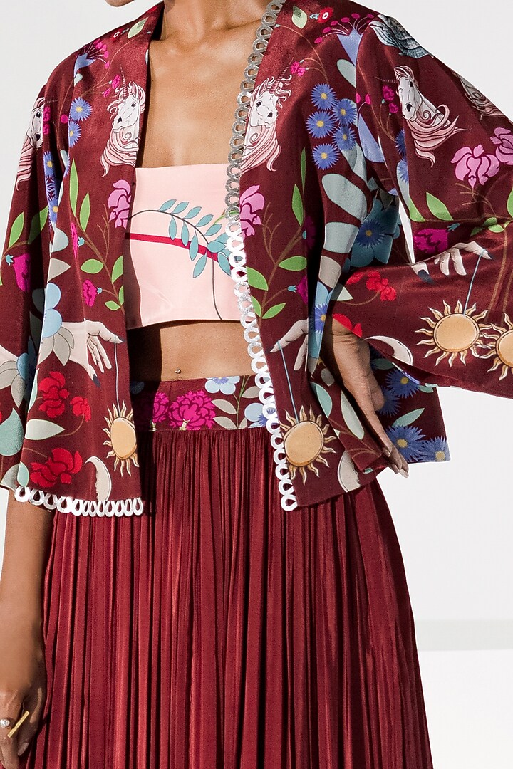 Maroon Printed Jacket by Limerick By Abirr N' Nanki at Pernia's Pop Up Shop