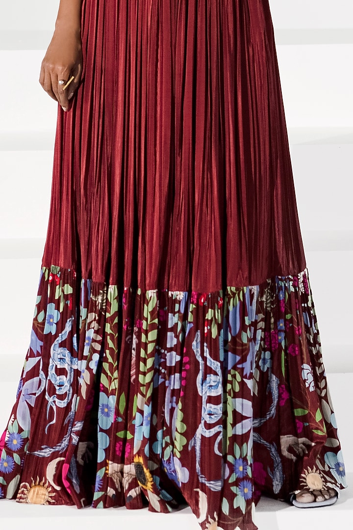 Maroon Printed Flared Skirt by Limerick By Abirr N' Nanki at Pernia's Pop Up Shop
