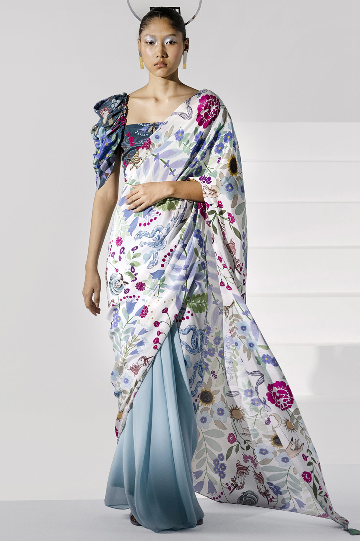 Sky Blue Crepe & Georgette Zodiac Printed Festive Saree 

 by Limerick By Abirr N' Nanki at Pernia's Pop Up Shop