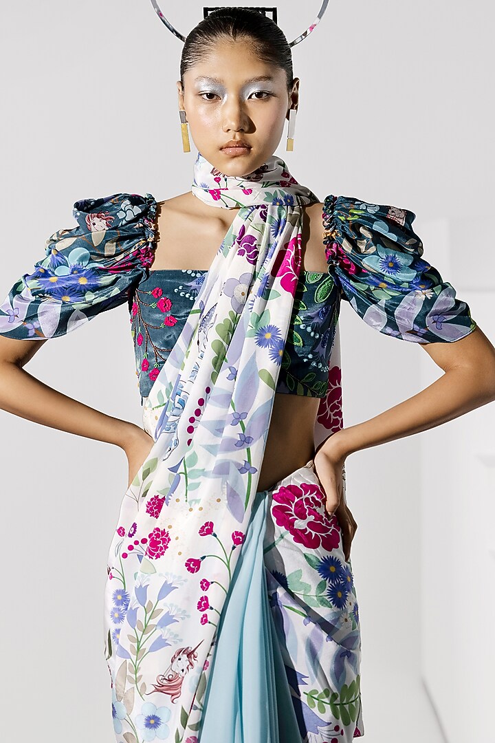 Sky Blue Crepe & Georgette Zodiac Printed Festive Saree
by Limerick By Abirr N' Nanki at Pernia's Pop Up Shop