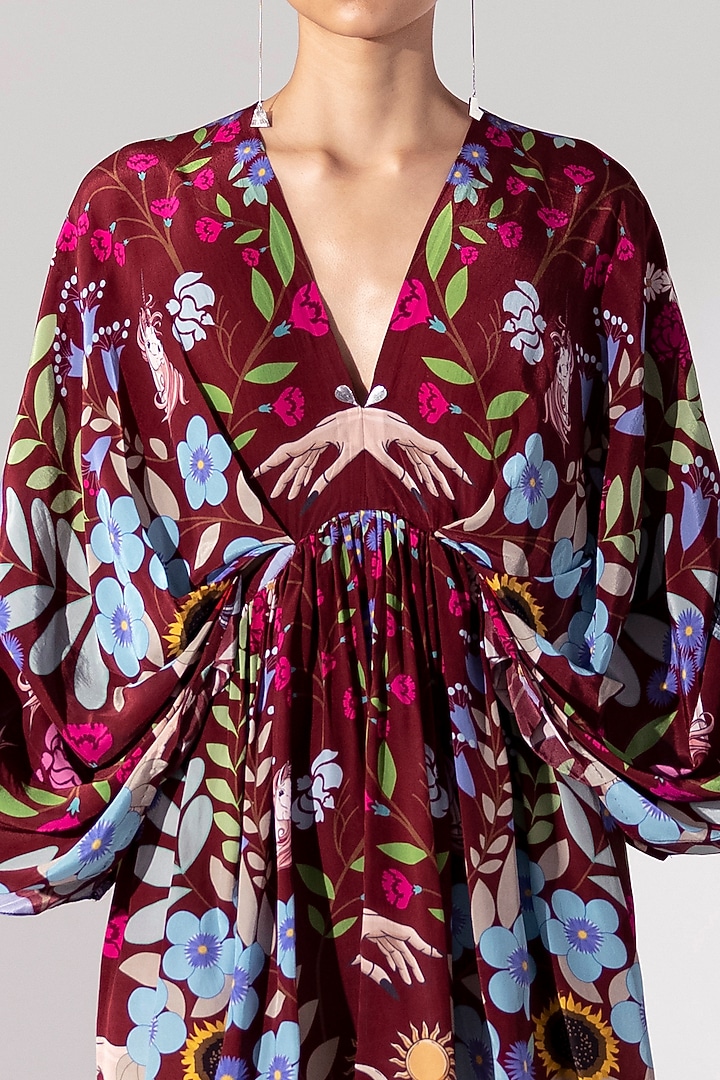 Maroon Printed Draped Summer Dress by Limerick By Abirr N' Nanki at Pernia's Pop Up Shop