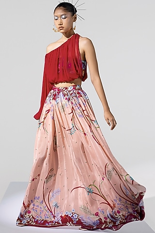 Maroon Draped Cape Blouse With Printed Bustier by Limerick By Abirr N' Nanki