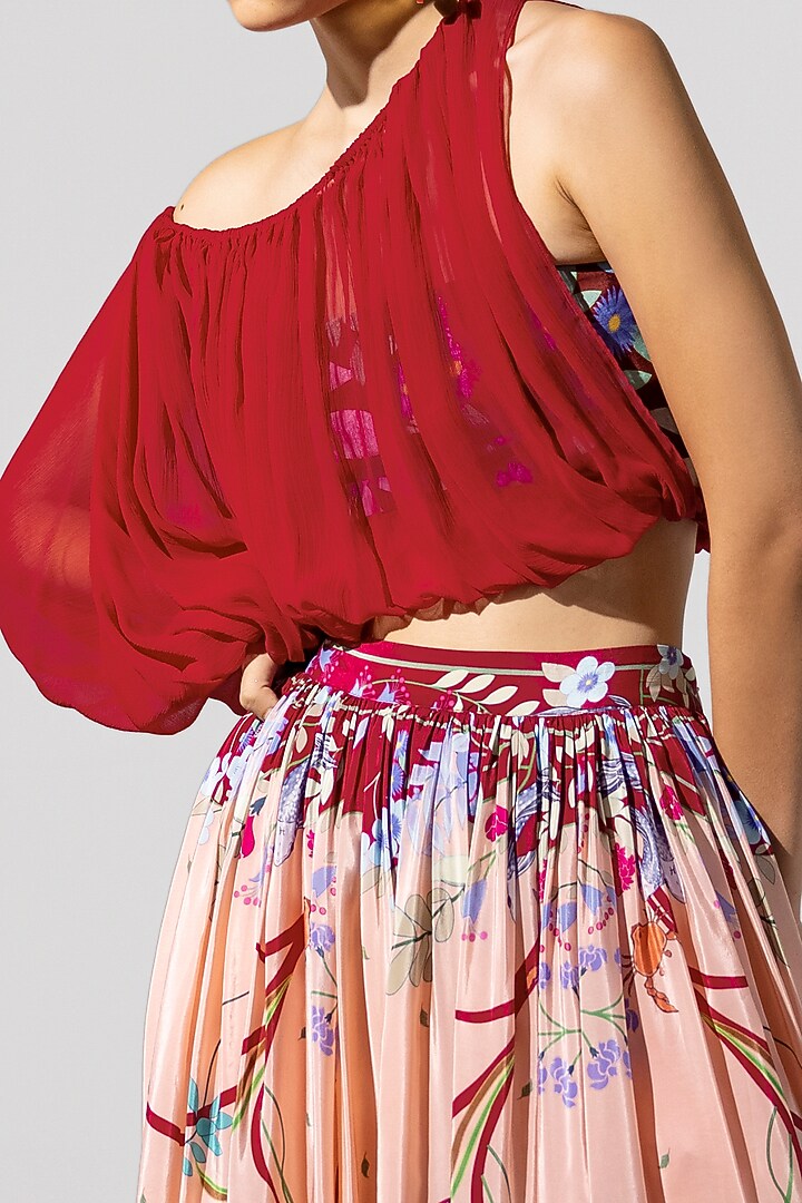 Maroon Draped Cape Blouse With Printed Bustier by Limerick By Abirr N' Nanki at Pernia's Pop Up Shop