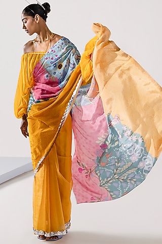 Yellow Draped Cape Blouse With Printed Bustier by Limerick By Abirr N' Nanki