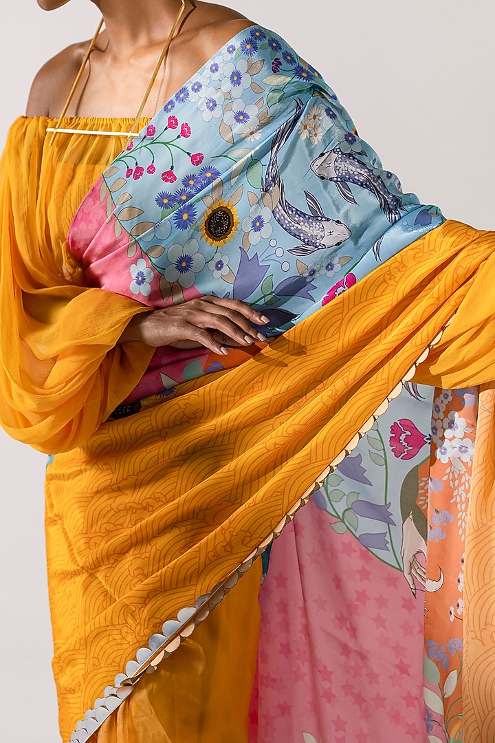 Yellow Draped Cape Blouse With Printed Bustier by Limerick By Abirr N' Nanki at Pernia's Pop Up Shop