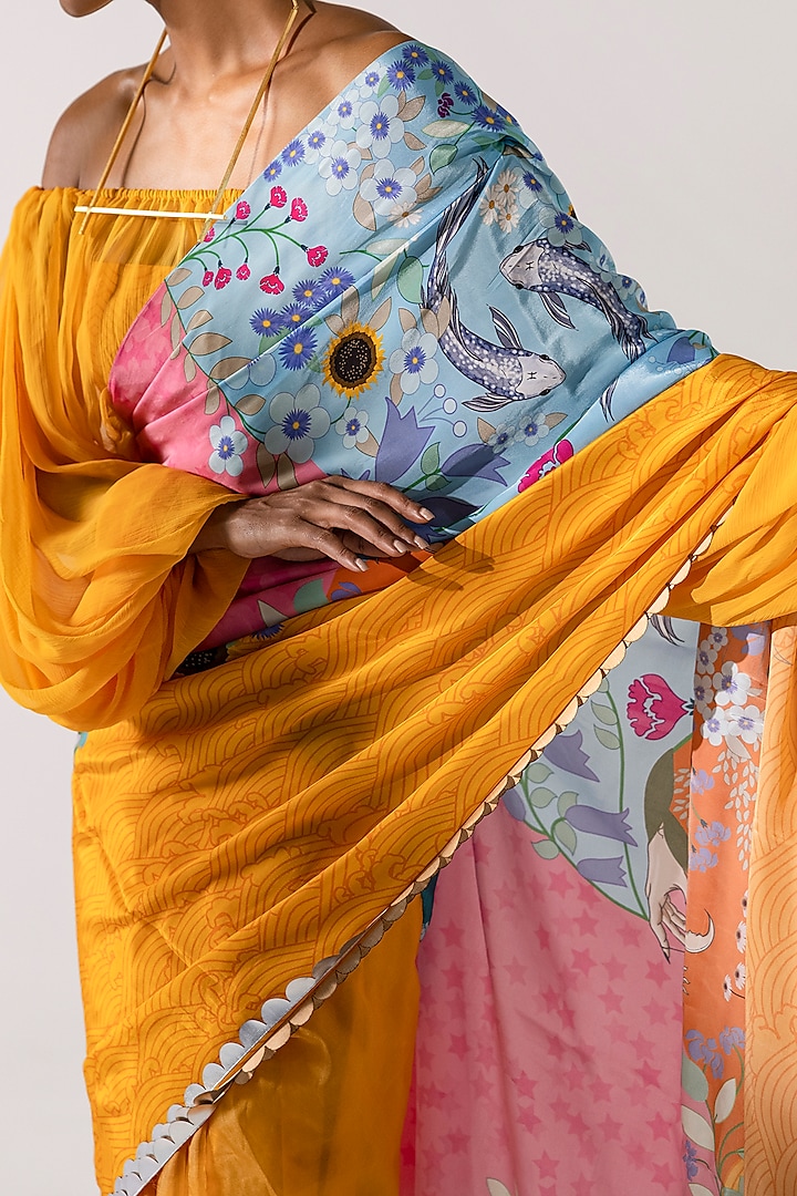 Yellow Printed & Embroidered Party Wear Saree by Limerick By Abirr N' Nanki at Pernia's Pop Up Shop